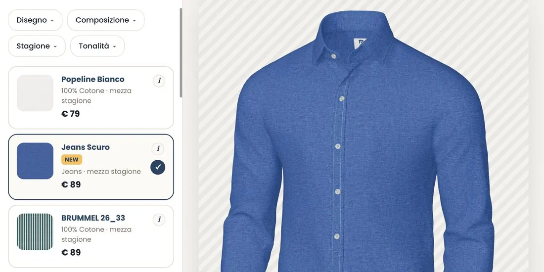Il configuratore di MyCamicia: scelta del tessuto e anteprima 3D della camicia