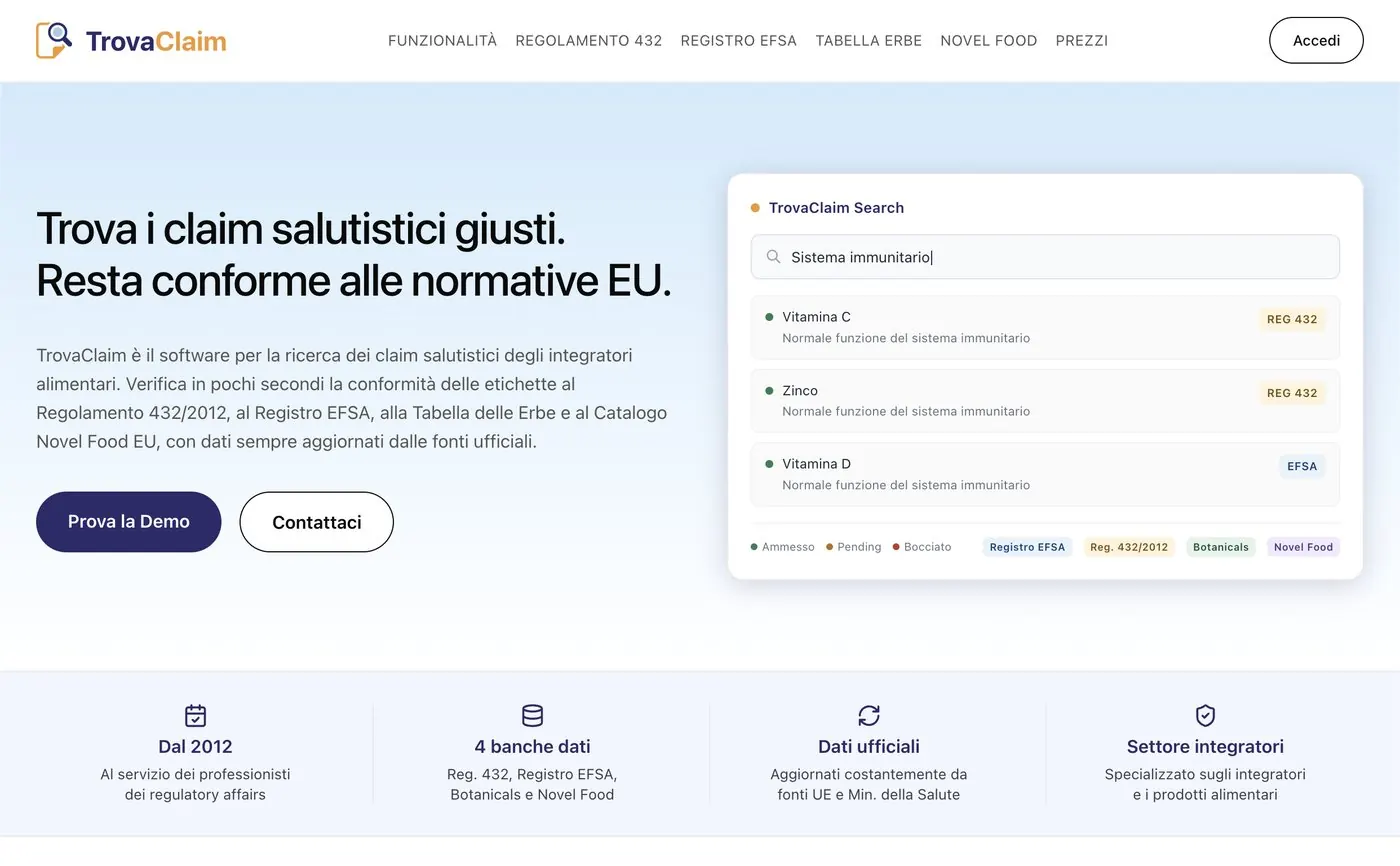 La homepage di TrovaClaim, con la ricerca dei claim salutistici per integratori